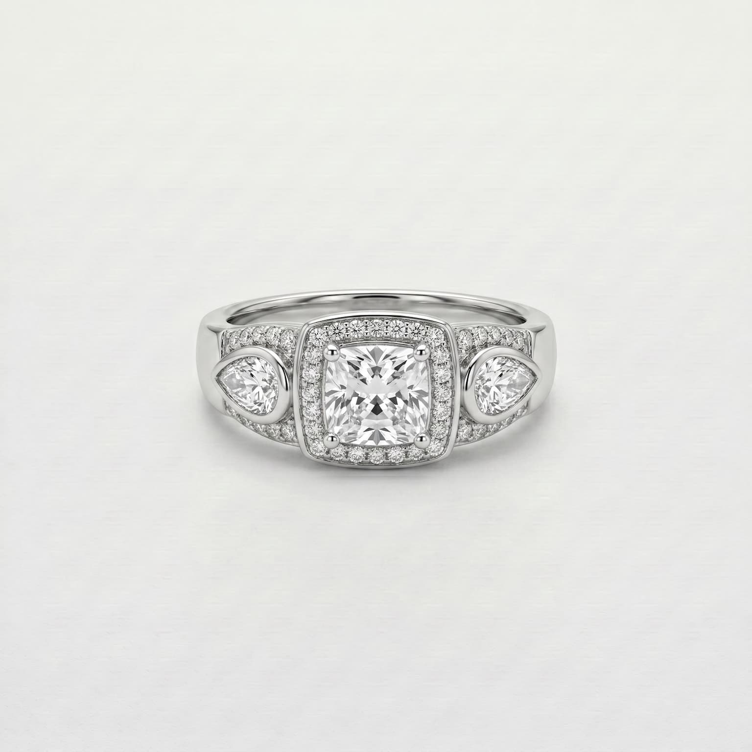 Cushion Three Stone Halo Ring 1