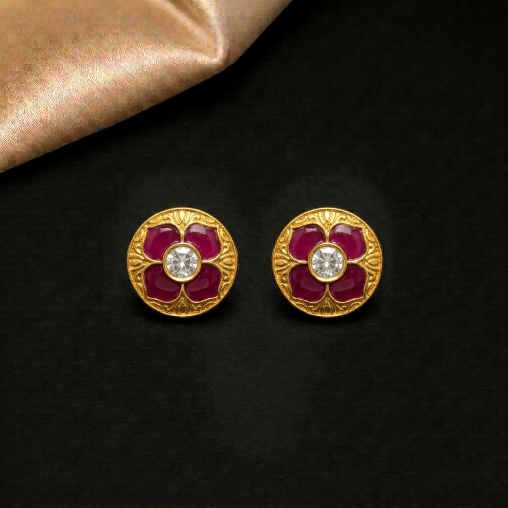Enamel Rose Coin Stud Earrings 2