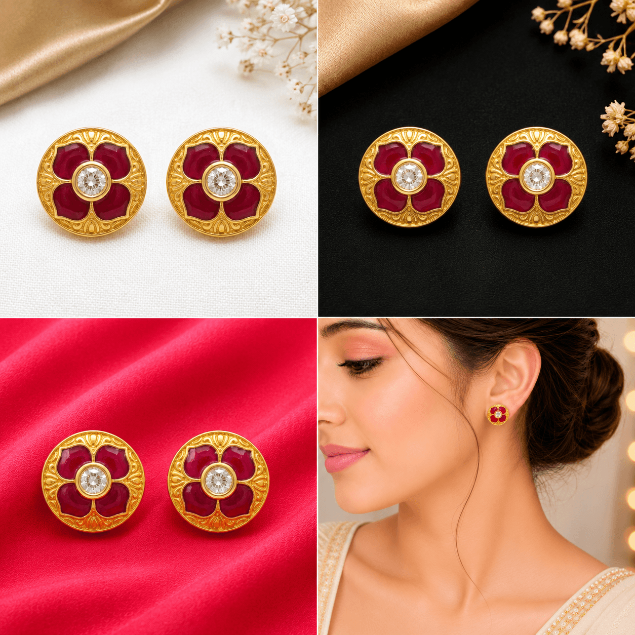 Enamel Rose Coin Stud Earrings 5