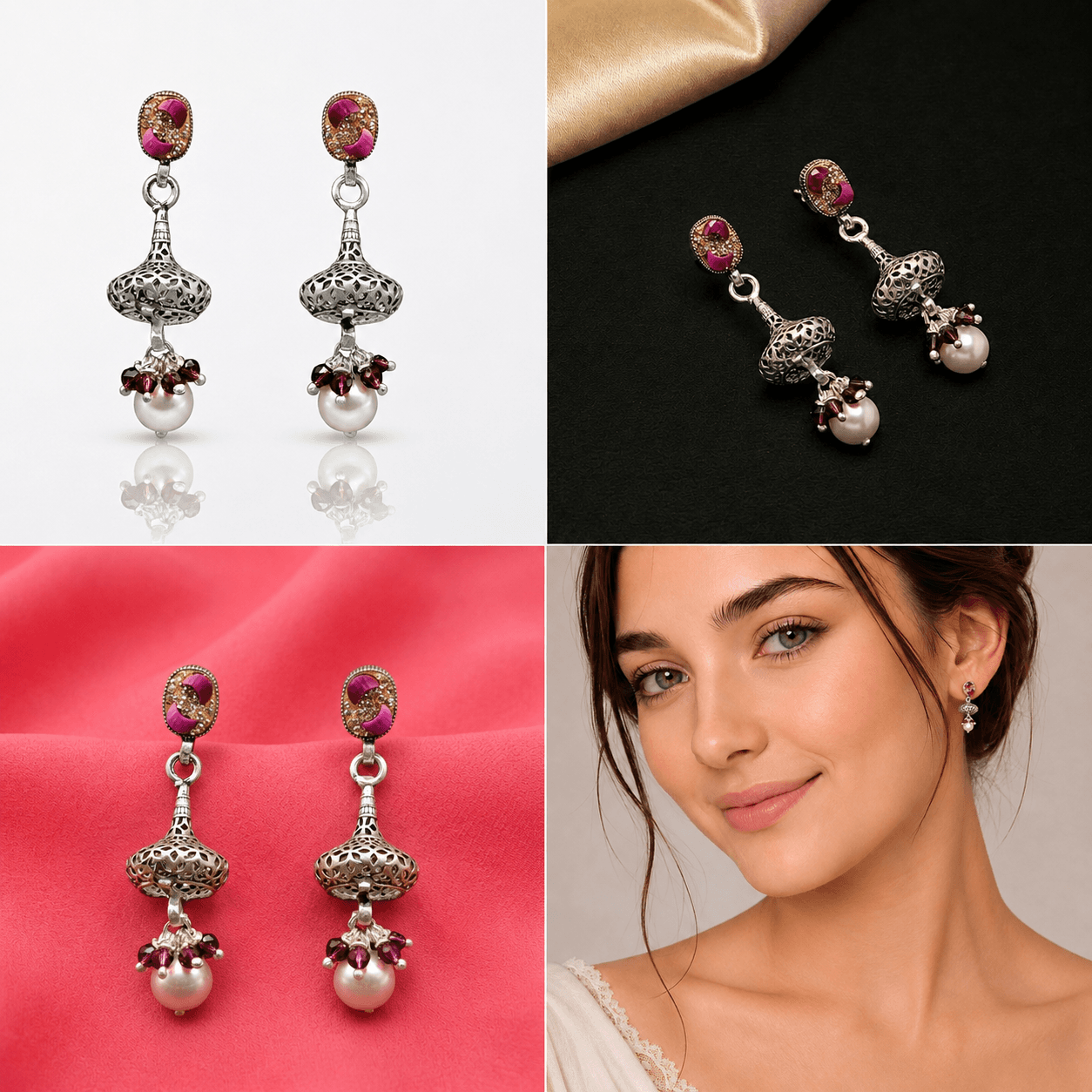 Filigree Dome Pearl & Garnet Drops 5