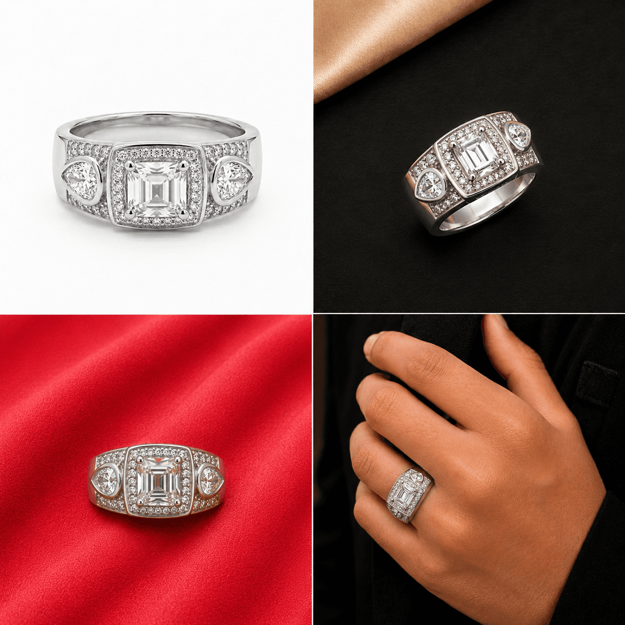 Radiant Three Stone Halo Ring 5