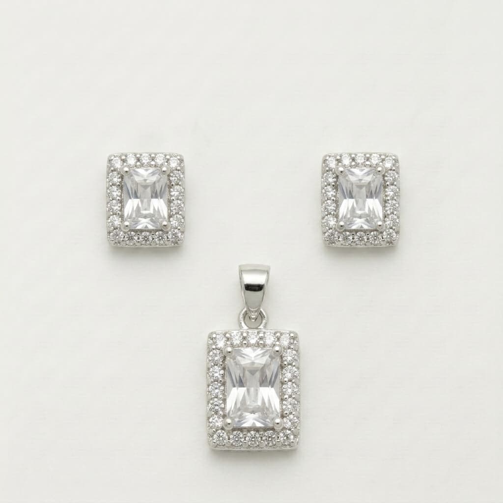 Emerald-Cut CZ Halo Pendant & Earring Set