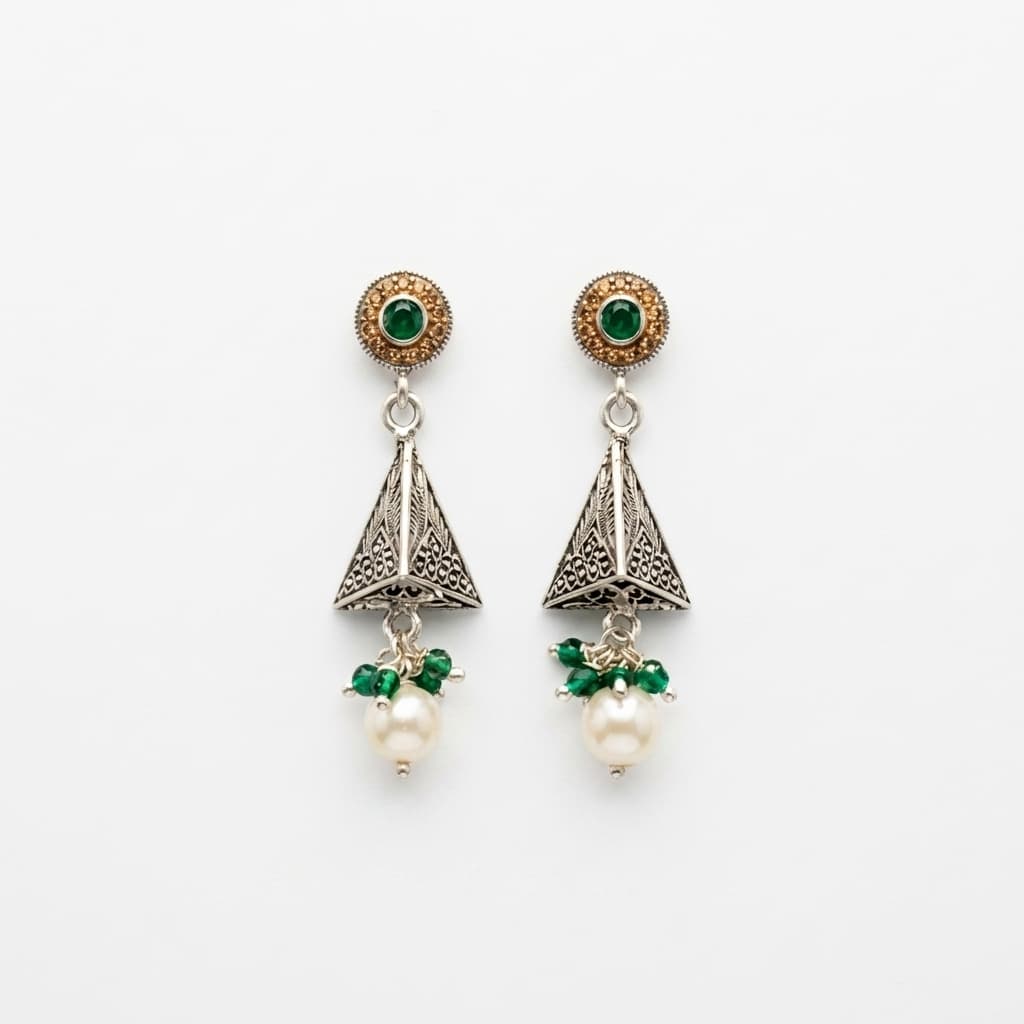 Filigree Cone Pearl & Green Bead Drops