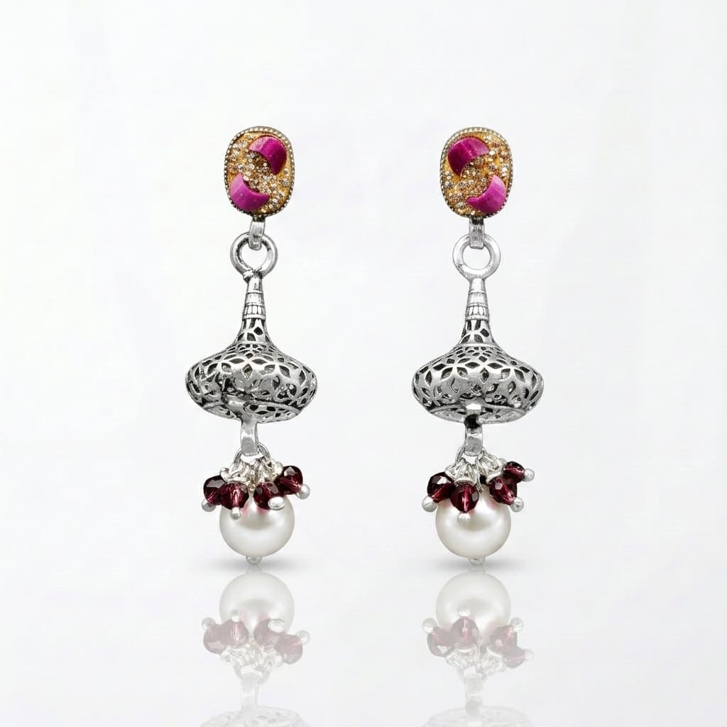 Filigree Dome Pearl & Garnet Drops