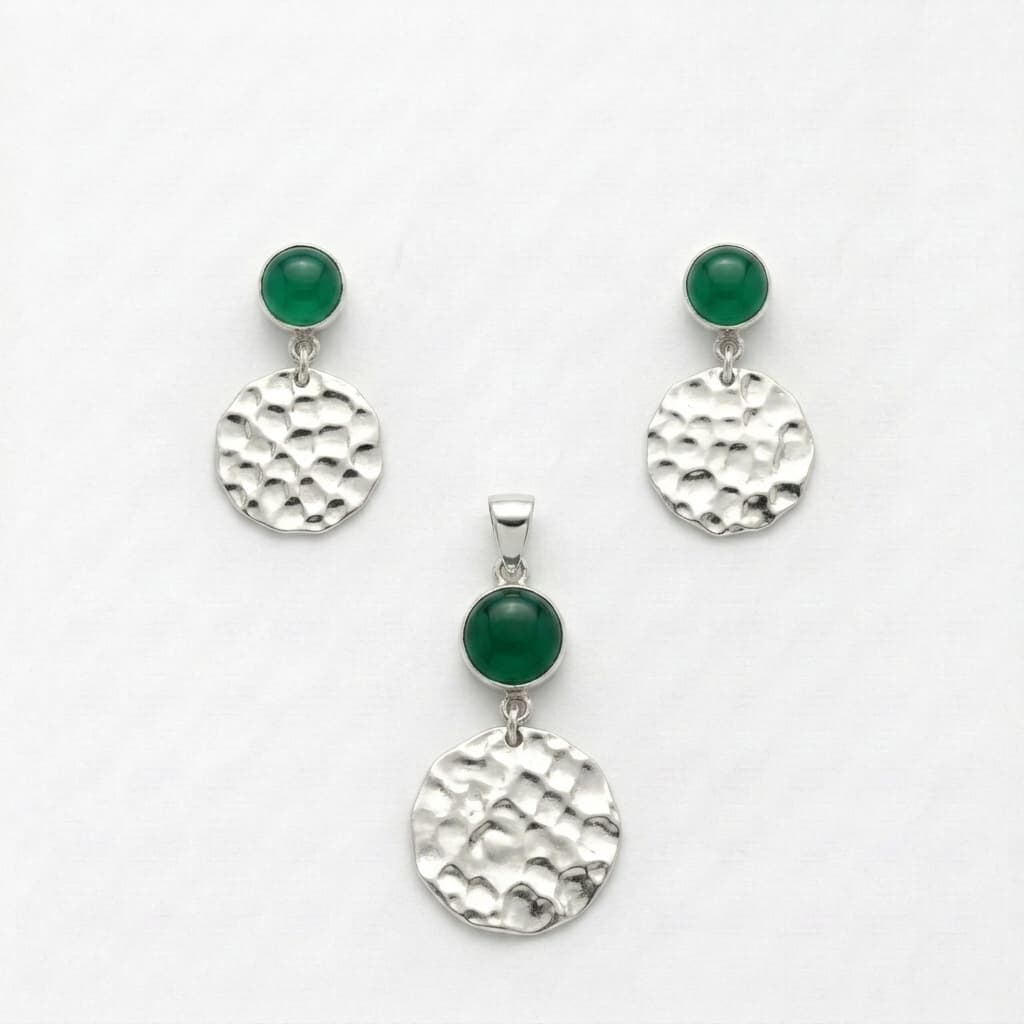 Green Onyx Hammered Disc Necklace & Earring Set