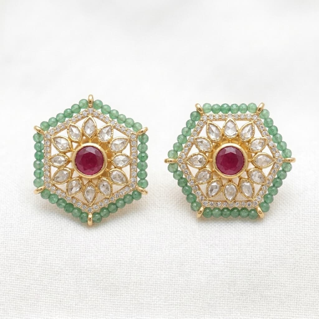 Hexagon Ruby Blossom Stud Earrings