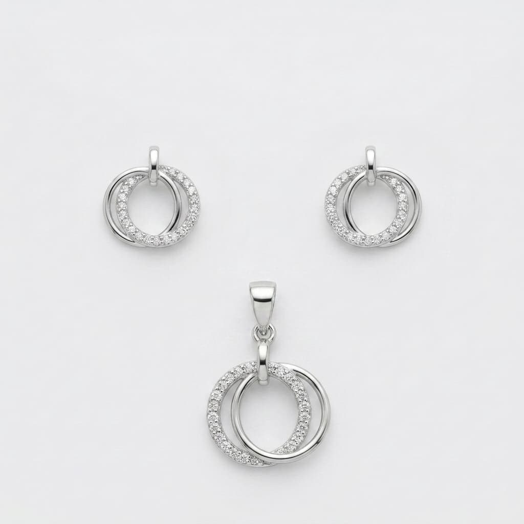 Interlocking Double Circle CZ Pendant & Earring Set