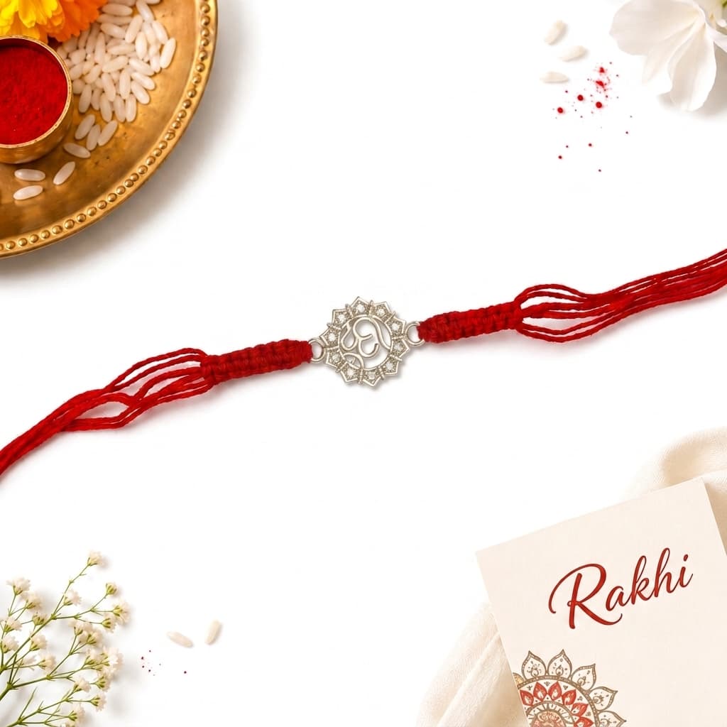 Om Lotus Mandala CZ Silver Rakhi