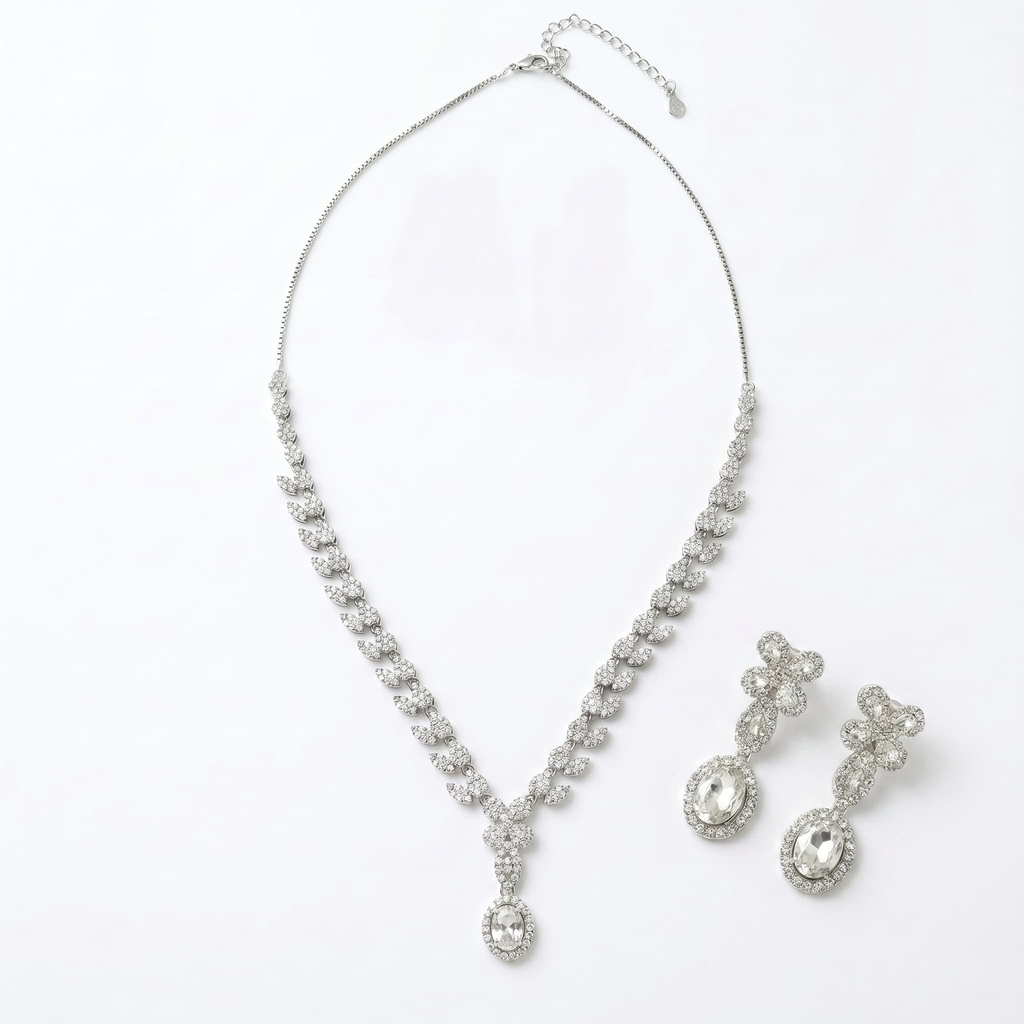 Oval Crystal Halo Drop Leaf Necklace & Earring Set