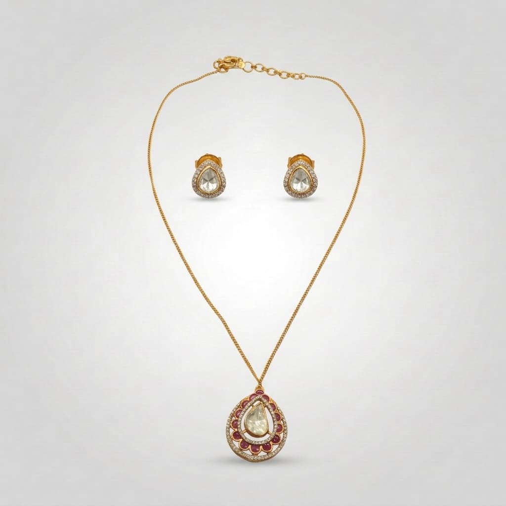 Polki Style Teardrop Scallop Pendant Necklace & Earring Set