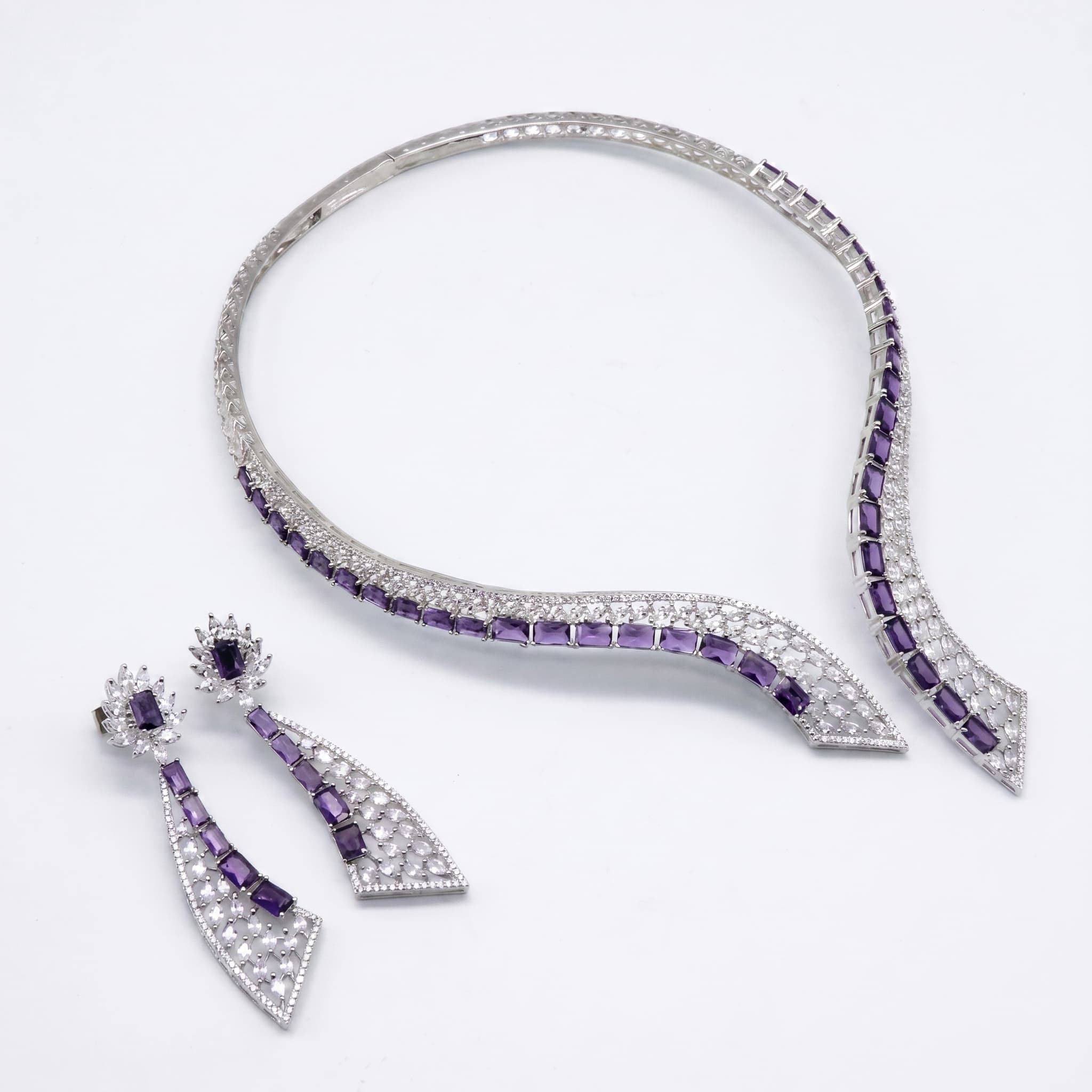 Purple Amethyst Tone Asymmetric Collar Necklace & Earring Set