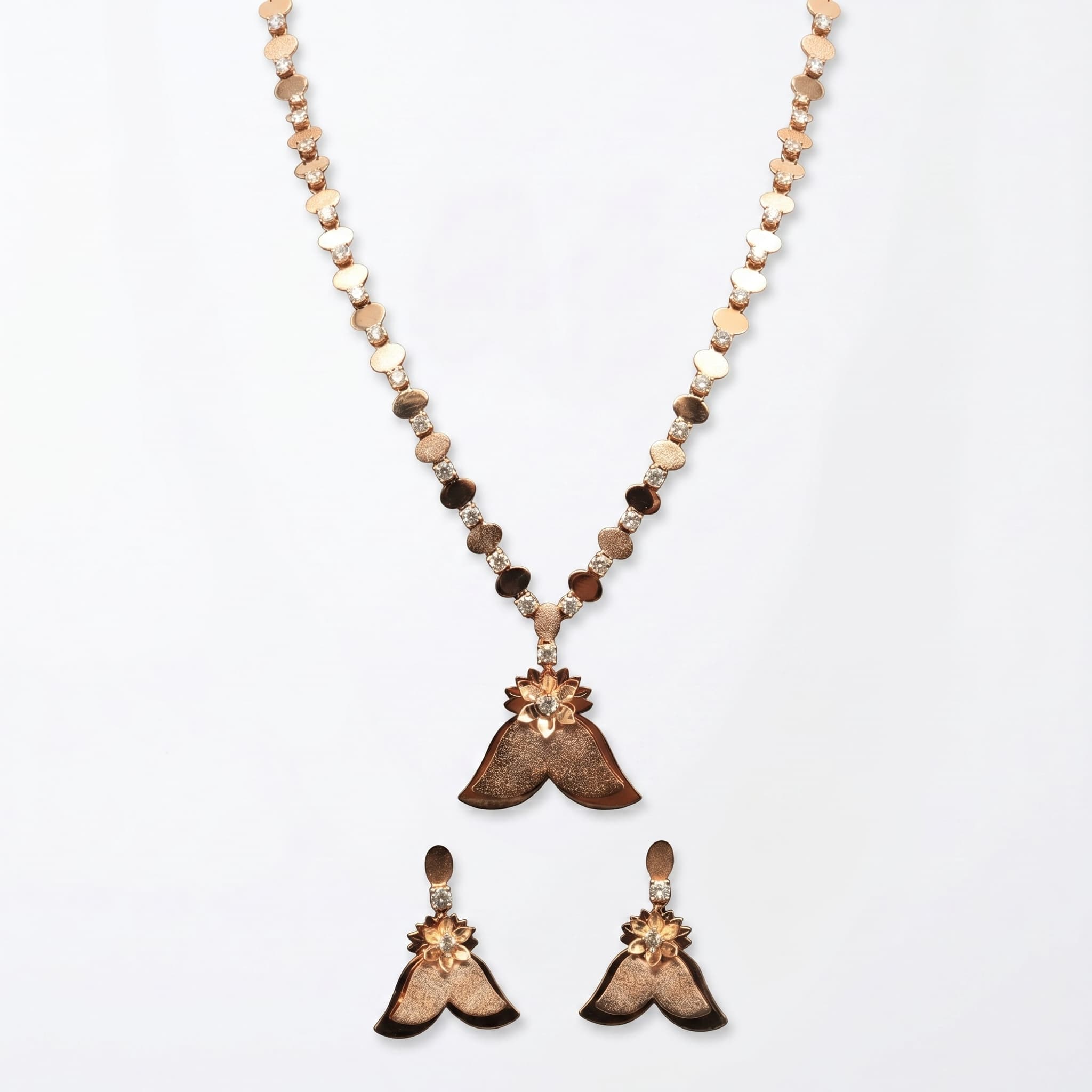 Rose Gold Lotus Floral Pendant Necklace & Earring Set