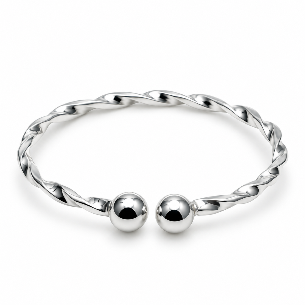 Silver twisted open cuff with ball terminal baby kada