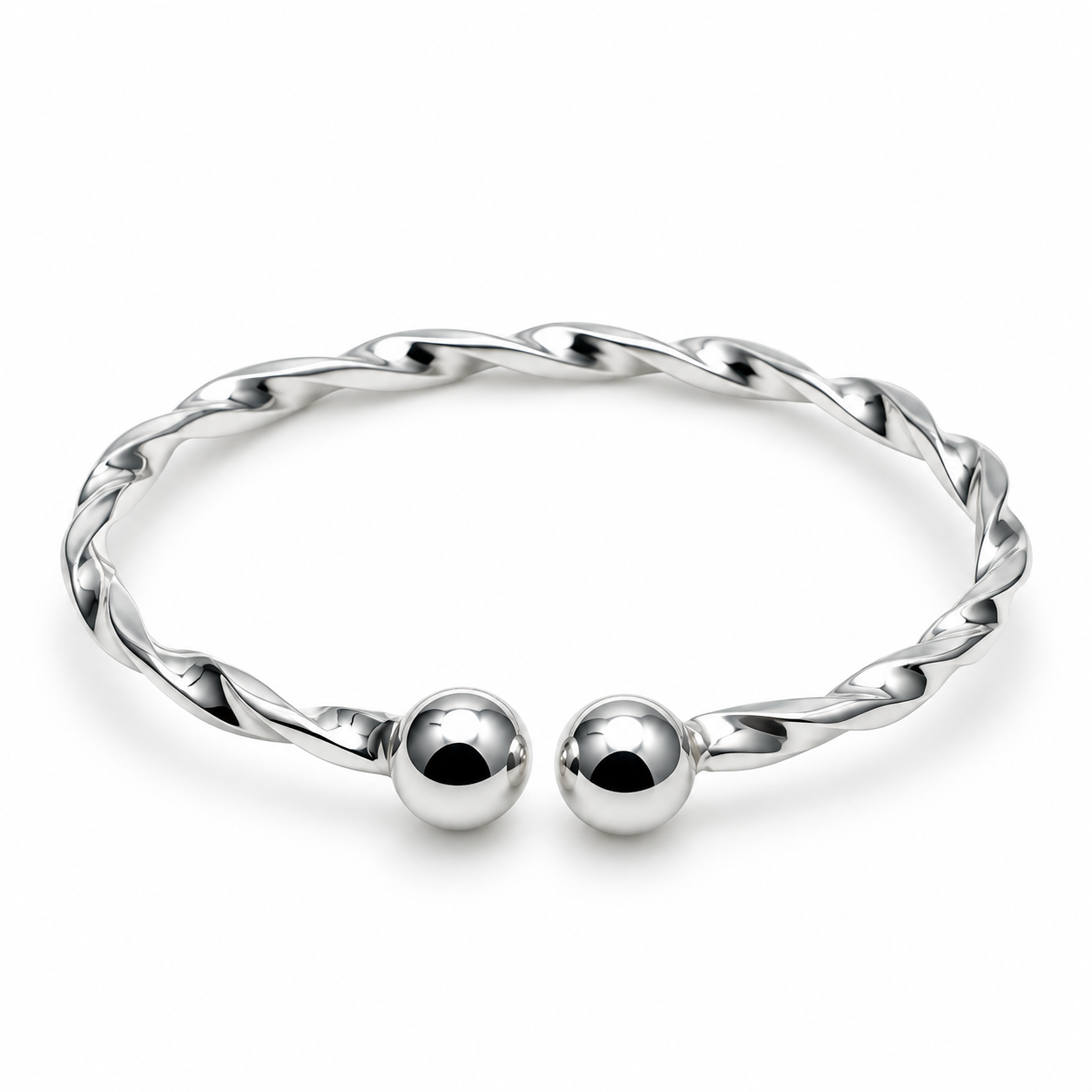 Silver twisted open cuff with ball terminal baby kada