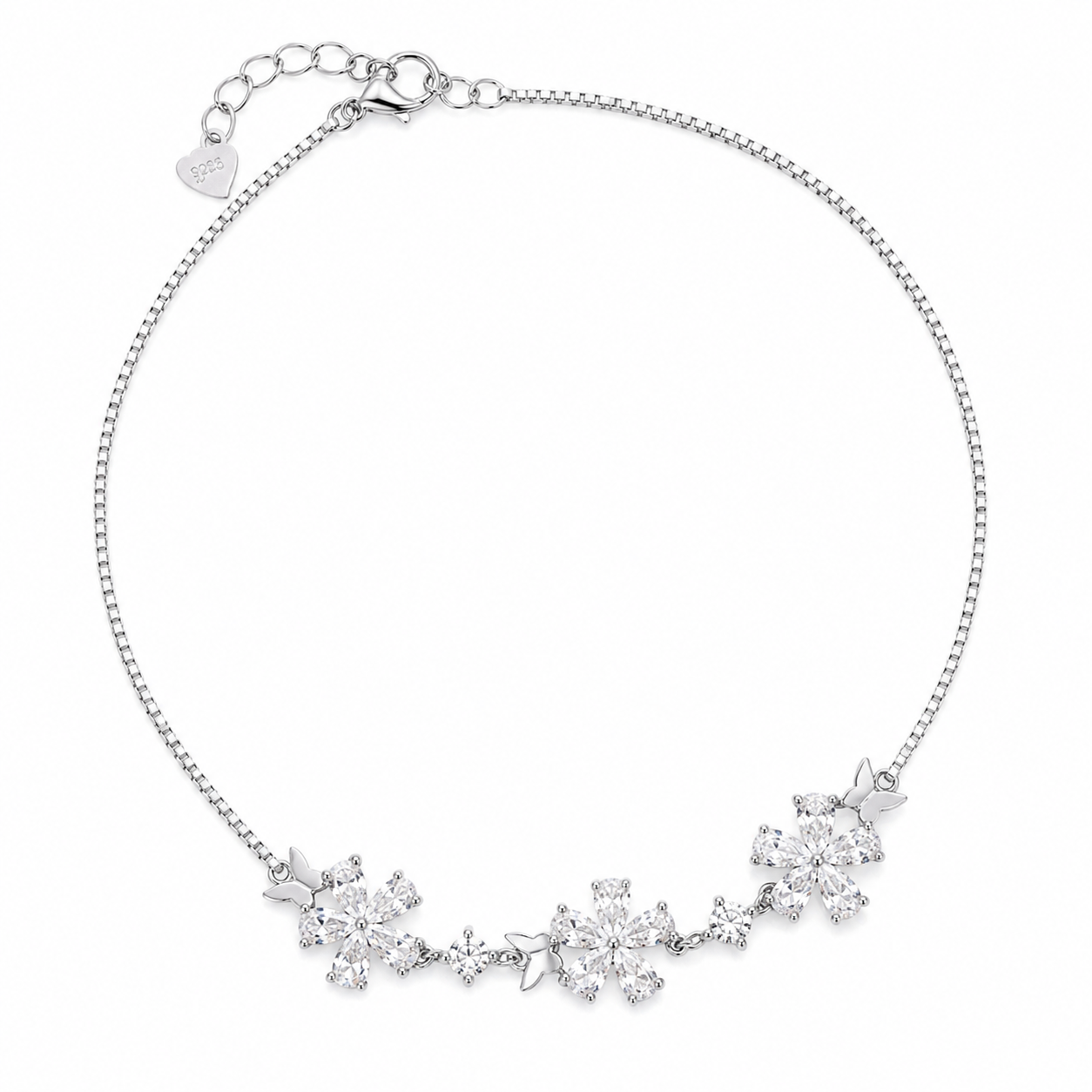 Tri-Flower-butterfly-Anklet-White-Rhodium