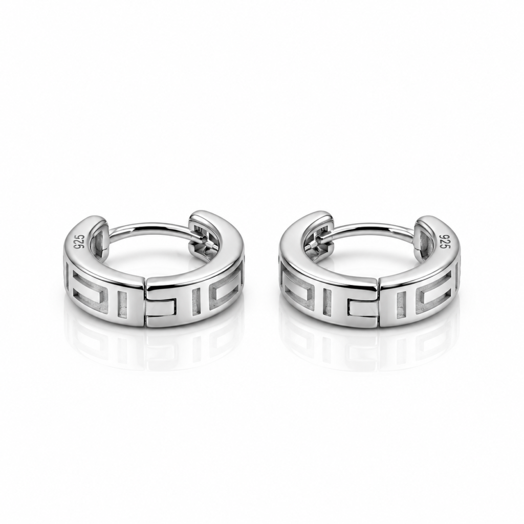 silver-greek-key-huggie-hoop-earrings