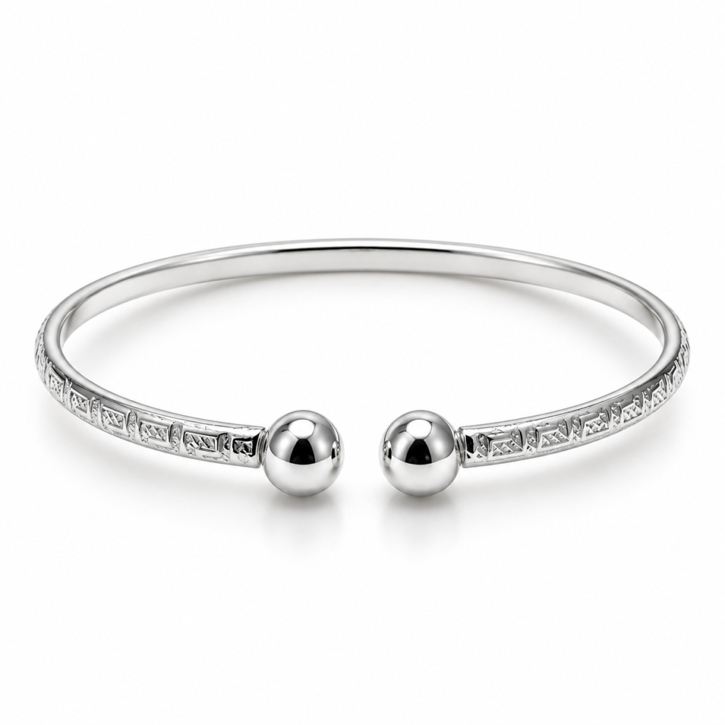 silver textured open cuff with ball terminal kada